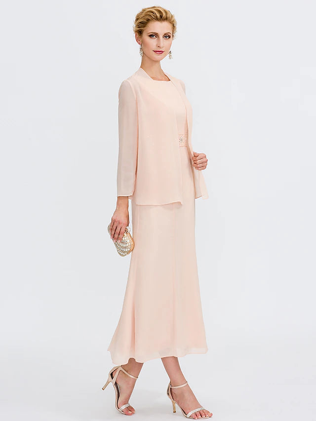 Zweiteiliges Etuikleid/Säulenkleid für die Brautmutter, Übergröße, elegant, Rundhalsausschnitt, knielang, Chiffon, ärmellos, Wickelkleid, inklusive Schärpe/Band, Falten, Perlenbesatz